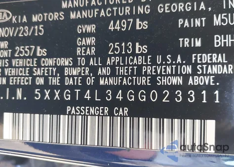 2016 Kia Optima Lx from USA, damaged, VIN 5XXGT4L34GG023311